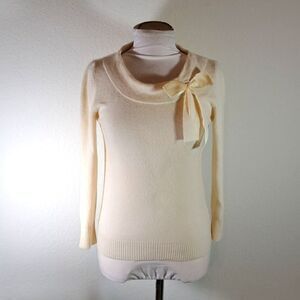Theory Women’s Sweater Ecru Cashmere Satin Bow Ribbed Cuff & Waistband Size M